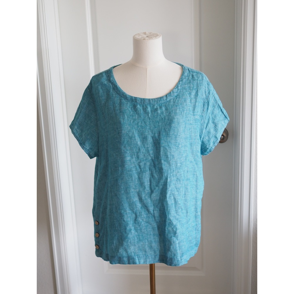 Cynthia Rowley Teal Blue 100% Linen Side Button Blouse Coastal Short Sleeve